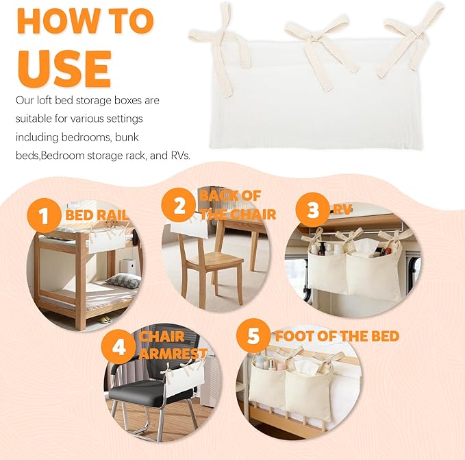 2 Pieces Solid ColorBedside Caddy with 2 Pockets, Bedside Hanging Storage Organizer, Dorm Rooms Bunk Bed Storage Bag for Home Phone Remote Control Key Glasses (Light Tan, White)