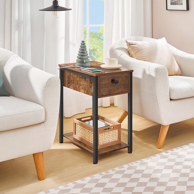 HOOBRO End Table with Charging Station, Narrow Side Table, Small Nightstand, Bedside Tables with Drawer and Storage Shelves, for Small Spaces, Living Room, Bedroom, Rustic Brown and Black BF041BZ01G1