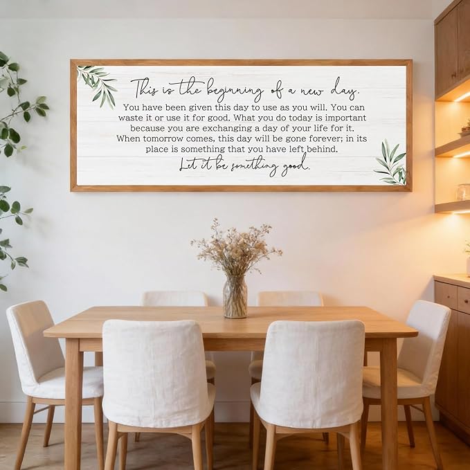 The Beginning of a New Day Wall Art – 40x15 Inch Wooden Framed Inspirational Sign with Motivational Message, Large Rustic Wood Frame Wall Decor for Living Room, Office, Entryway, Natural