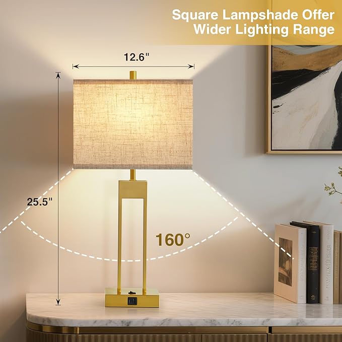 Extra Large 25.5" Nightstand Table Lamps for Bedrooms Set of 2, Bedside Lamp with USB C+A, Colors Changeable Living Room Lamp, Modern Night Stand Lamp for Bedside Guest Room Reading, Gold+White Shade