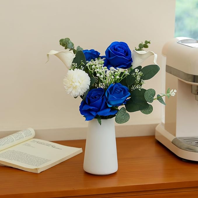 Fake Flowers with a Ceramic Vase for Centerpiece Table Decorations, Faux Blue Silk Rose in Vase, Flowers Arrangements Artificial Flowers Indoor for Dinning Coffee Table Home Decor(Blue White)