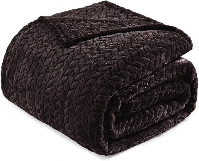 Exclusivo Mezcla Fleece Queen Size Blanket for Bed, 90x90 Inches Soft Cozy Jacquard Flannel Blankets, Lightweight Fuzzy Plush Warm for Women, Coffee