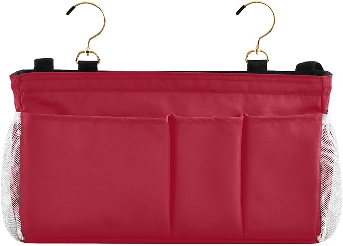 YETTASBIN Red Bedside Caddy Hanging Storage Organizer Bag with 2 Straps & Hooks for Bunk Beds, College Dorm, Hospital Bed - Holder for Books, Phone, Magazine, Glasses, Keys