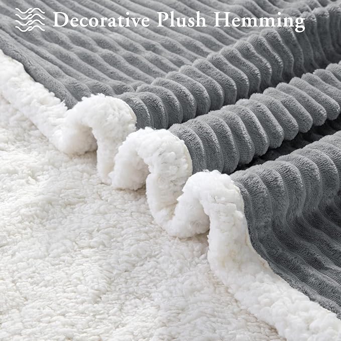 LBRO2M Striped Sherpa Fleece Bed Blanket King Size, Super Soft Fuzzy Plush Warm Cozy Fluffy Microfiber Couch Throw Velvet Double Reversible Luxurious Blankets (90x104),Grey