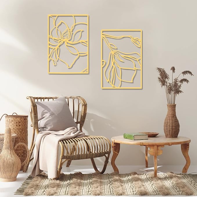 Taiyin 3 Panels Metal Flowers Wall Decor Modern Abstract Nature Floral Line Wall Sculpture Minimalist Decor Metal Home Hanging Wall Art for Home Bedroom Above Bed Wall Decor, 11.8 x 17 Inch (Gold)
