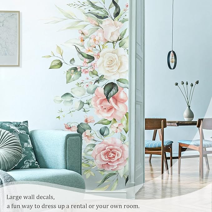 Flowers Leaves Wall Decals Peel and Stick, Large Hanging Floral Vinyl Wall Stickers, Removable Vine Home Decor Art for Bedroom Living Room Classroom Office
