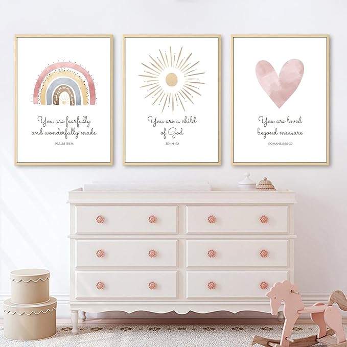 Boho Nursery Wall Art 3 Pieces Bible Verse Nursery Art Christian Girls Nursery Wall Art Heart Rainbow Sun Nursery Art Print Boho Sunshine Nursery Decor for Girl Baby Kid Room Decor 12x16 Inch FRAMED