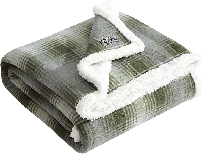 Eddie Bauer - Throw Blanket, Brushed Fleece & Plush Sherpa Bedding, Throw Blanket for Couch & Bed (Nordic Plaid Green, 50" x 70")