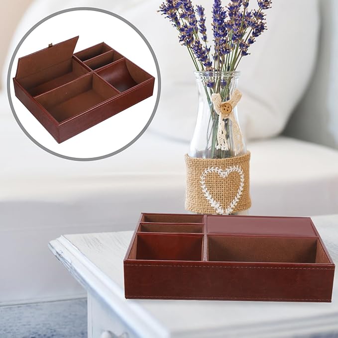 Beaupretty Brown Faux Leather Jewelry Storage Box with Multiple Compartments, Nightstand Organizer for Rings, Watches, Wallets, and Phones, Retro Style Jewelry Holder for Bedroom and Dresser
