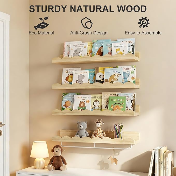 Fixwal Nursery Shelves, 24 Inch Floating Bookshelves for Wall Set of 4, Scalloped Wall Book Shelves with Towel Rack for Kids, Toddler Room, Baby Room, Nursery Decor and Storage(Natural Wood)