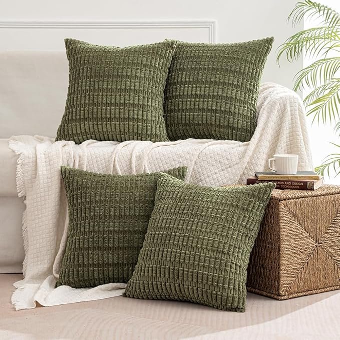 MIULEE Pack of 4 Olive Green Corduroy Decorative Throw Pillow Covers 20x20 Inch Soft Boho Striped Pillow Covers Modern Farmhouse Home Decor for Sofa Living Room Couch Bed