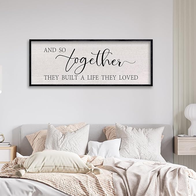 LuZhiQiang And So Together They Built A Life They Loved Farmhouse Wall Decor 40"x15" Rustic Master Bedroom Romantic Sign Large Wood Framed for Above Over Bed Couples Hanging Wall Art (Black)