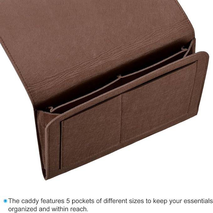 PATIKIL 13in Bedside Caddy, Bed Caddy Bedside Organizer Hanging Soft 5 Pockets Bed Pockets Bedside Storage Organizer Remote Control Holder for Bedroom Phones Glasses, Dark Brown