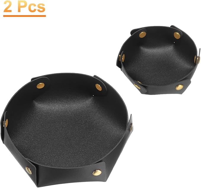 HARFINGTON 2pcs PU Leather Valet Tray Unisex Valet Tray Folding Round Catchall Tray Portable Entryway Table Tray Nightstand Bedside Desk Tray for Key Watch Coin Jewelry Dice, Black