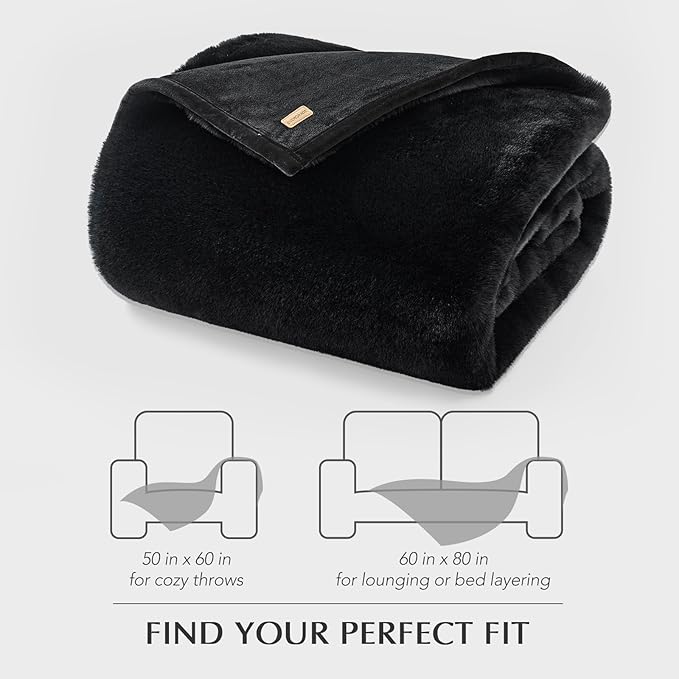 EVERGRACEHOME Luxury Soft Faux Chinchilla Fur Throw Blanket for Couch, Warm Thick Heavy Winter Throw Blanket 1220GSM for Bed, Fluffy Cozy Mink Blanket with Reversible Velvet, Black Noir Mink, 50"x60"