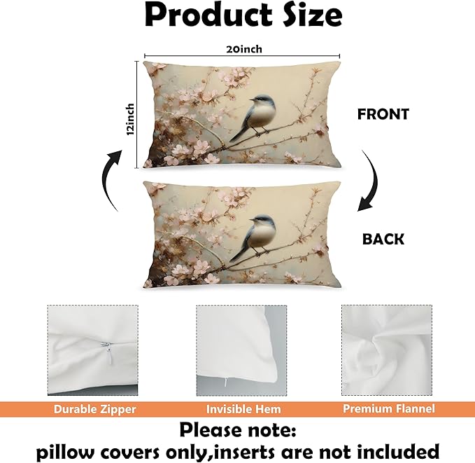 Vintage Spring Bird Lumbar Pillow Cover 12x20 Double-Sided, Nature Room Decor, Farmhouse Spring Pink Floral Bird Decorative Throw Pillow Cover for Living Room Home Bedroom