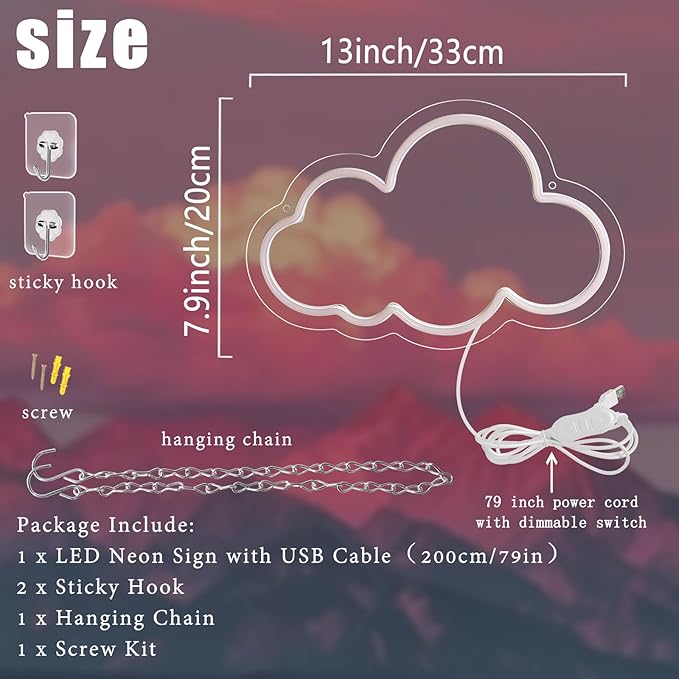 Cloud Neon Sign Cute White Clouds LED Light Sign for Wall,Dimmable USB Floating Clouds Light Up Sign for Living Room Kid Bedroom Nursery Birthday Christmas Wedding Party decor (Pink)
