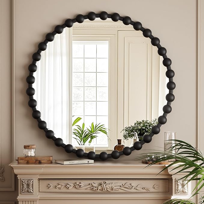 Round Mirror for Wall, 32 Inch Black Beaded Frame Decorative Vanity Mirror, Circle Bathroom Mirror with High-Definition Lense, Modern Wall Decor for Bathroom, Living Room, Bedroom, Entryway