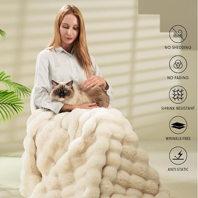 Super Comfort Oversized Warm Thick Bubble Luxury Plush Rabbit Faux Fur Throw Blanket, Fluffy Blanket,Soft Cozy Blanket for Couch Chair Bed Sofa Living Room (White, 50inX60in)
