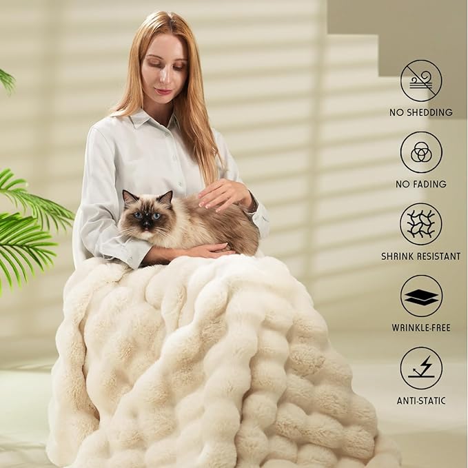 Super Comfort Oversized Warm Thick Bubble Luxury Plush Rabbit Faux Fur Throw Blanket, Fluffy Blanket,Soft Cozy Blanket for Couch Chair Bed Sofa Living Room (White, 75inX90in)