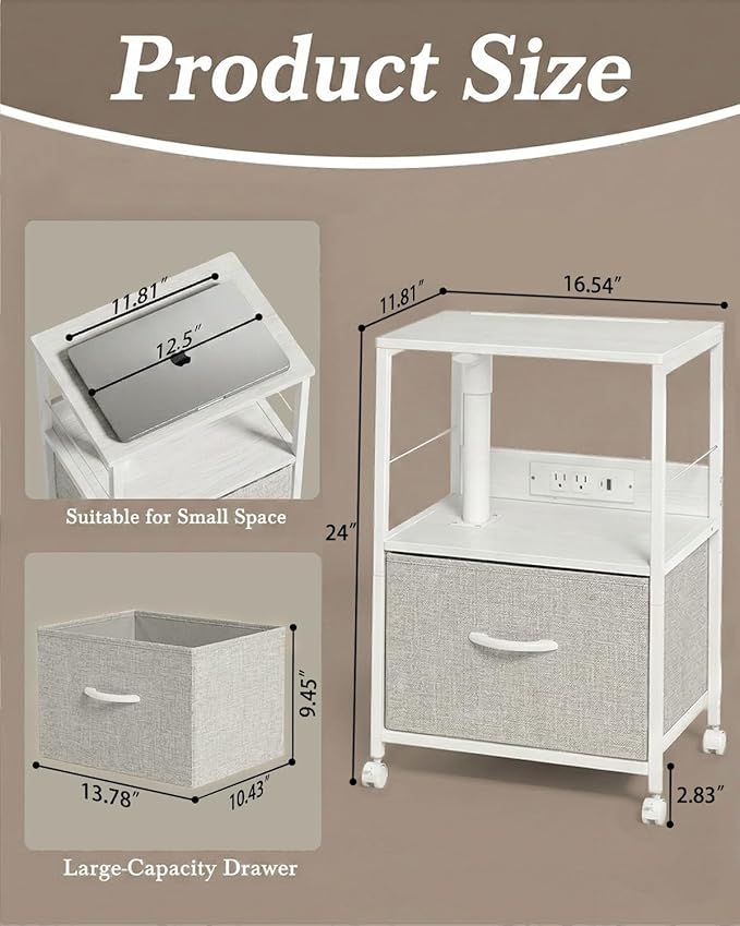 360° Swivel Nightstand with Height Adjustable, Lift Top Bedside Table with Charging Station, Rolling Night Stand with Fabric Drawer, End Table with Wheels, for Bedroom, Living Room, White Gray