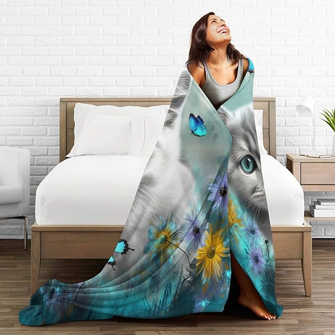 Cute Cat with Blue Butterfly Throw Blanket - Ultra Soft Cozy Fleece Kitten Blanket for Girls, Women & Kids - 50"x60" Cat Lover Gifts