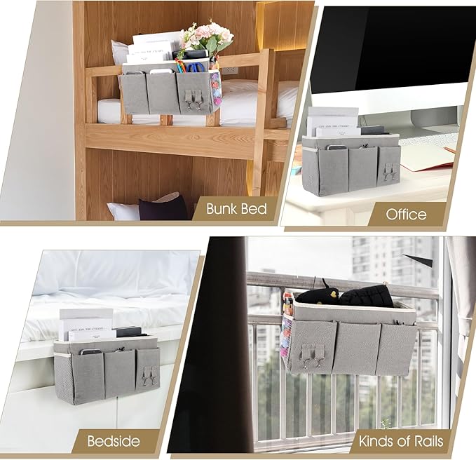 2 Pcs Bedside Caddy, Hanging Storage Organizer with Pockets for Bunk Beds, College Dorm, Bed Rails, Holds Books, Phones, Glasses, Keys, Gray