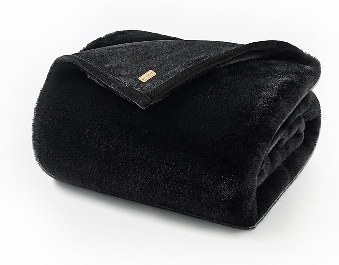 EVERGRACEHOME Luxury Soft Faux Chinchilla Fur Throw Blanket for Couch, Warm Thick Heavy Winter Throw Blanket 1220GSM for Bed, Fluffy Cozy Mink Blanket with Reversible Velvet, Black Noir Mink, 60"x80"