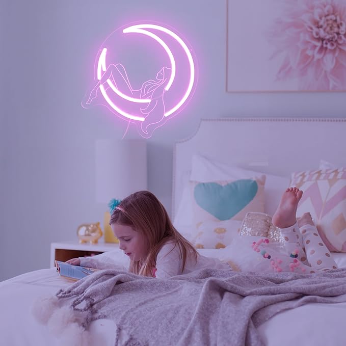 Moon Lady Neon Sign for Wall Decor Pink Dimable Led Girl Crescent Moon Neon Lights Wall Art Whimsical Night Sky for Bedroom Wall Decor Ideal for Lady Dreamers and Boho Interiors(11.2 * 11.3inch)