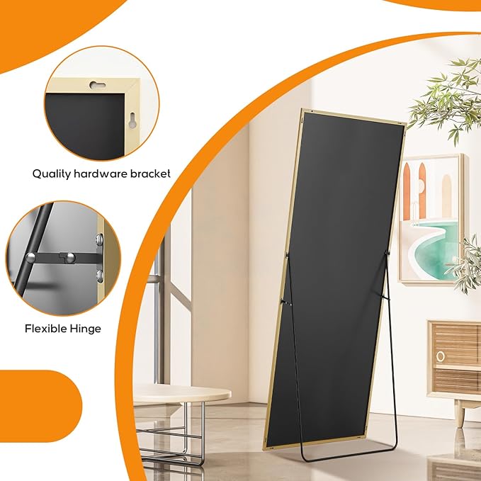 Mirror Full Length, Upgraded Body Wall Mirrors with Shatter-Proof Glass, Floor Standing, Hanging or Leaning, Tall Mirror with Stand Aluminum Alloy Frame for Bedroom Cloakroom