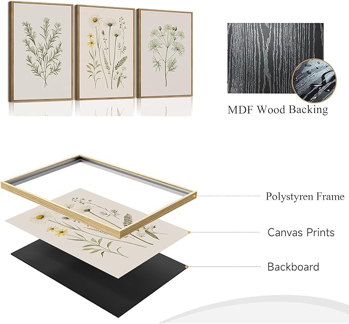 Wodkwq 3 Piece Vintage Wildflower Canvas Wall Art Framed,Neutral Botanical Wall Decor,Watercolor Plant Pictures,Yellow Floral Art Minimalist Prints,Farmhouse Artwork for Living Room,Bedroom,Office 16x24in