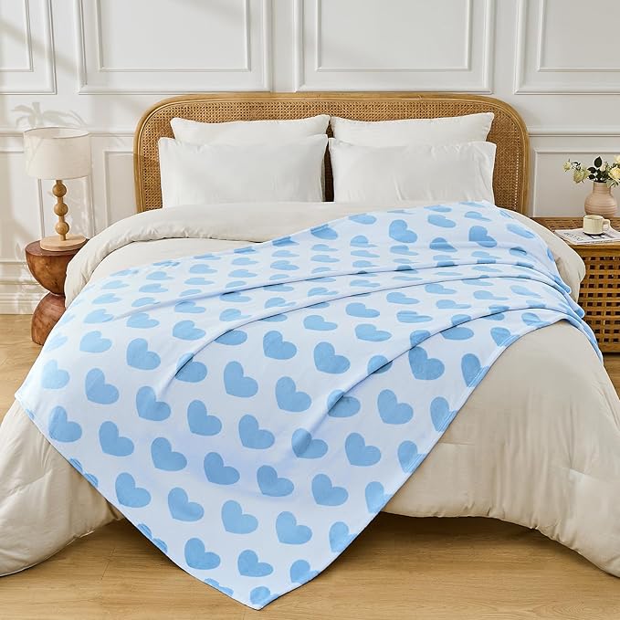 FY FIBER HOUSE Heart Flannel King Blanket Soft Cozy Blankets for Lover Gifts All Season Use, 90x108 Inches, Blue