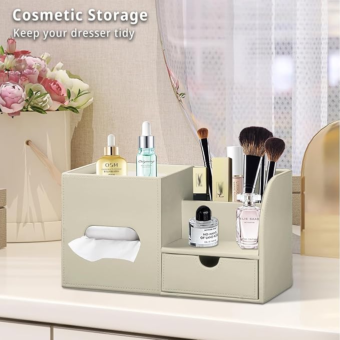 Square Tissue Box Cover with Tray and Organizer,Multi-Functional Decor Cube Tissue Box Holder,Tissue and Remote Control Holder for Vanity,Nightstand,Bathroom,Home,Office