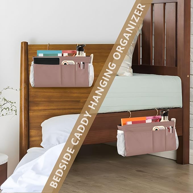 DOMIKING Rose Gold Bedside Caddy for Dorm Bed Recliner Armrest Organizer with Hooks Haning Storage Pockets for Tablet Phone Magazine