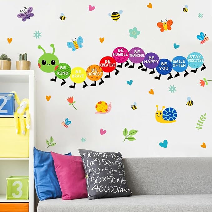 HLNIUC Colorful Kids Playroom Wall Decals Removable Inspirational Wall Stickers Cute Caterpillar Nursery Walls Decal Be Kind Be Happy Quotes Art Murals Decal for Girls Boys Bedroom Daycare Decor