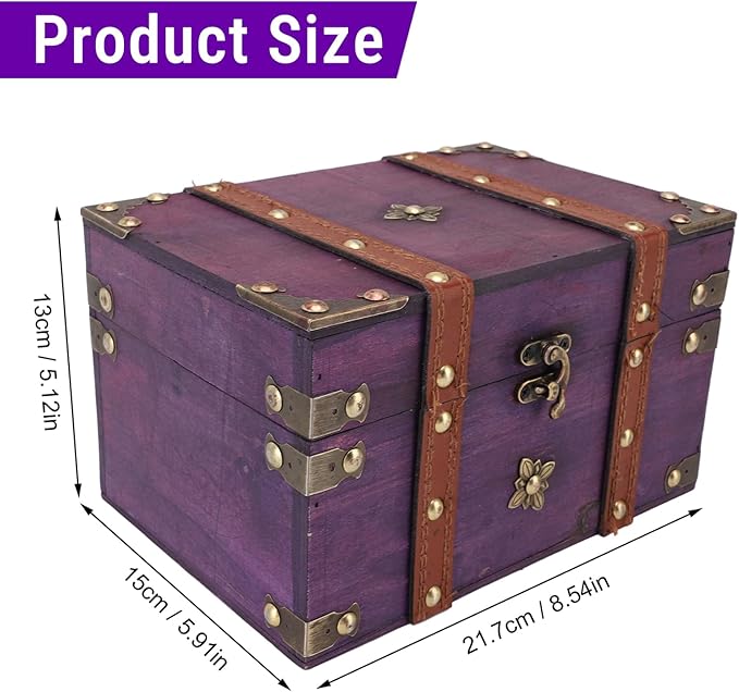 Vintage Treasure Chest Box, Wooden Jewelry Storage Box with Leather & Metal Accents, Decorative Retro Trunk for Home Bedroom Gifts (8.54x5.91x5.12in) (Purple)