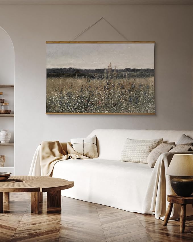 ARPEOTCY Extra Large Vintage Framed Wall Art, 36x54 Inch Flower Meadow Landscape Hanging Framed Wall Art Decor for Living Room Bedroom, Canvas Prints, Retro Scenery Pictures Above of Bed
