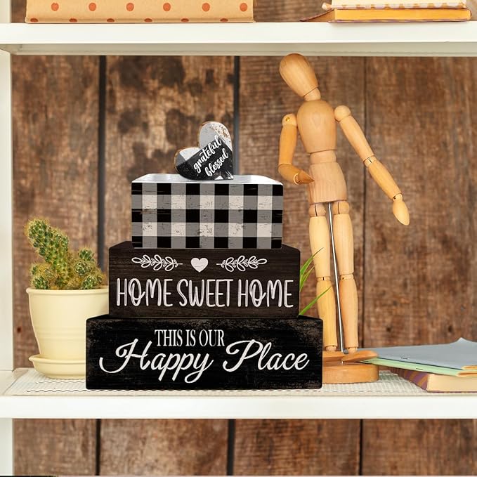 4 Pcs Farmhouse Kitchen Table Decoration Black and White Wooden Tiered Tray Decor Home Sweet Home Table Centerpiece Rustic Decorative Block Sign for Kitchen Dining Room Tabletop Desk Shelf