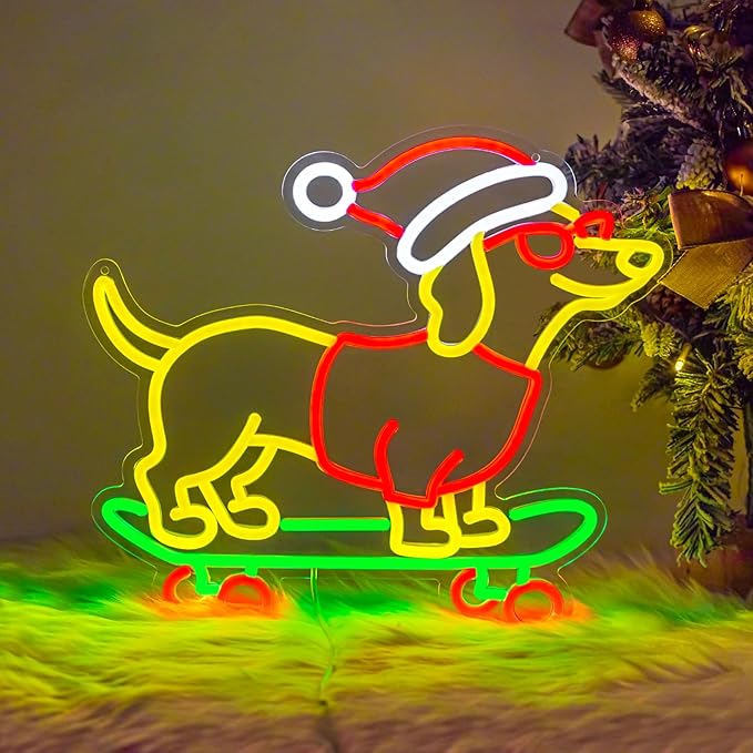 Christmas Neon Sign, Gift for Dachshund Women, Dimmable Dog Lover Gift for Christmas Decorations USB Powered 14.9x13.4in