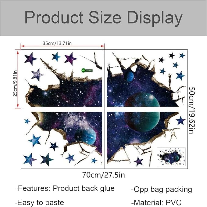 3D Galaxy Blue Cosmic Milky Way Wall Stickers, HOLENGS Outer Space Planets Simulation Crack Hole Wall Decals, Starry Sky Wall Decor for Boys Kids Bedroom Living Room Nursery Decoration