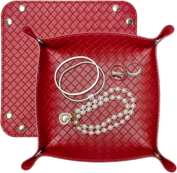 UnionBasic Small Valet Tray, Jewelry Tray for Rings Watches Earrings, Entryway Catchall Caddy for Coins Keys Change, Nightstand Bedside Valet Holder, Trays for Electronic Gadgets, Woven Red