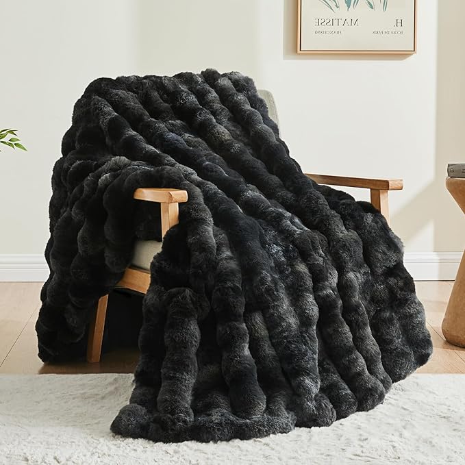 BEDELITE Faux Fur Throw Blanket for Couch, Decorative Tie-Dye Black Plush Bubble Blanket - Super Soft & Cozy Fluffy Faux Rabbit Fur Blanket for Women Gift, 60x80 Inches