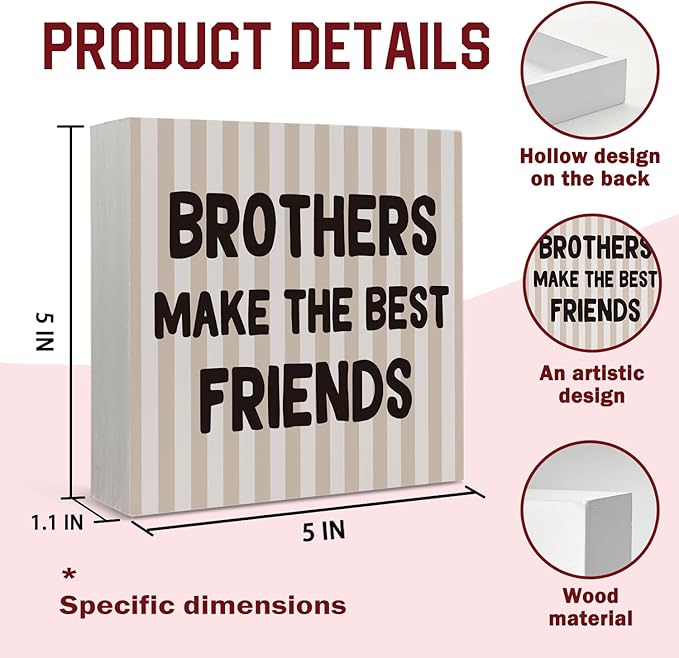 Lacama Boy Nursery Decor Wooden Box Sign, Brothers Make the Best Friends Decorations Wood Block Signs, Retro Neutral Striped Wood Sign for Toddler Boys Room Playroom Desk Shelf Wall Decor 5x5 Inches