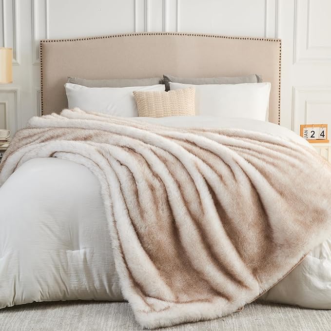 NEWCOSPLAY Faux Fur Throw Blanket Beige Luxury Fluffy Thick Warm Blanket for Couch Sofa Bed 1000GSM (Beige Thick, Throw(50"x60"))
