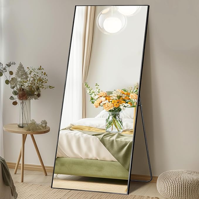 Mirror Full Length, Upgraded Body Wall Mirrors with Shatter-Proof Glass, Floor Standing, Hanging or Leaning, Tall Mirror with Stand Aluminum Alloy Frame for Bedroom