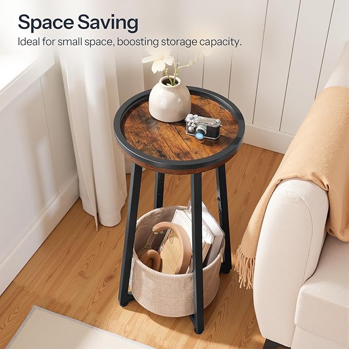 HOOBRO Small Round Side Table, 2-Tier Round Sofa End Table, Compact Nightstand with Cotton Linen Storage Basket, for Small Space, Living Room, Bedroom, Dorm, Rustic Brown BF183BZ01