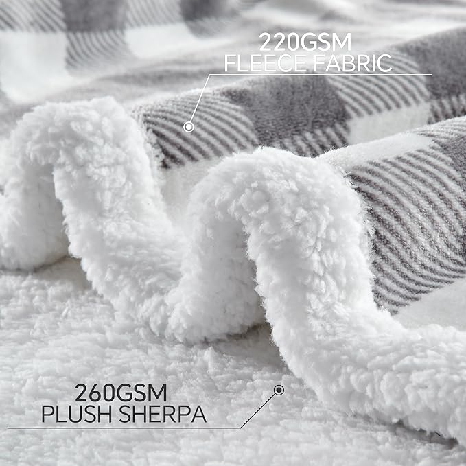 BEDELITE Sherpa Fleece Blankets Queen Size - Grey and White Buffalo Plaid Christmas Blanket, Super Soft Cozy Warm Thick Winter Blanket for Couch and Bed, 90" x 90"