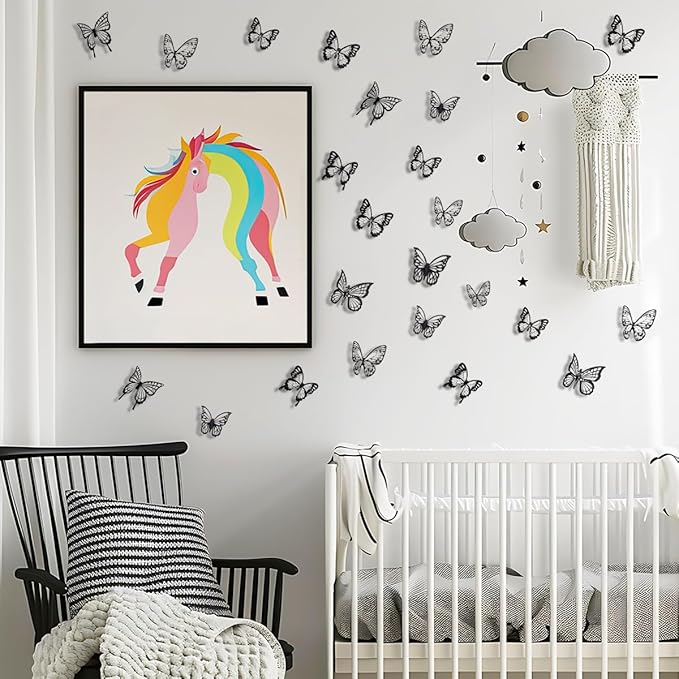 72pcs Black Butterfly Wall Stickers, 3D Butterflies Wall Decorations for Home, Room Bedroom Mural Decorations Removable Sticker