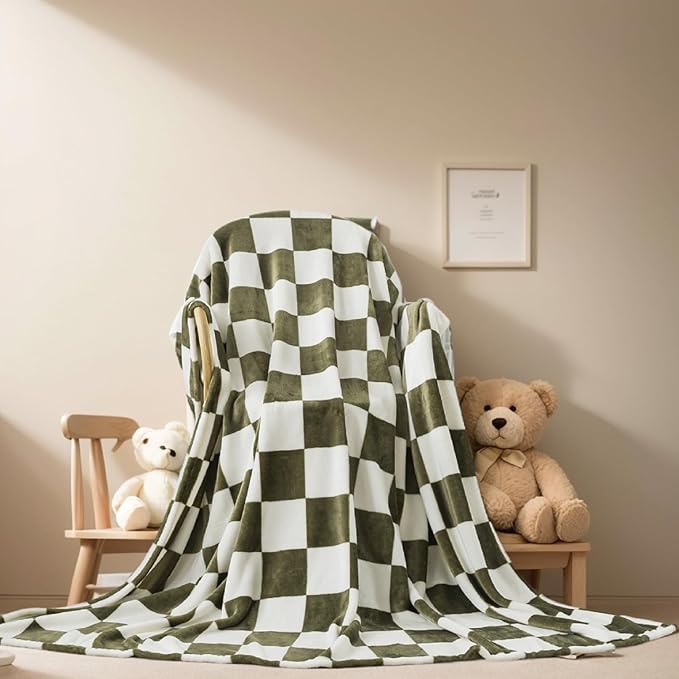Richave Checkered Twin Size Blanket,Premium Lightweight Anti-Static 66x90 Inches Sage Green Throw Blankets for Twin/Twin XL Extra Long Bed,Couch, Sofa, Chair, Camping, Picnic,Sage Green