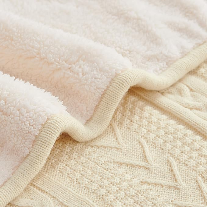 Longhui bedding Cream 50 x 63 Inches Acrylic Cable Knit Sherpa Throw Blanket - Thick, Soft, Big, Cozy Beige Knitted Fleece Blankets for Couch, Sofa, Bed - Large Coverlet All Season